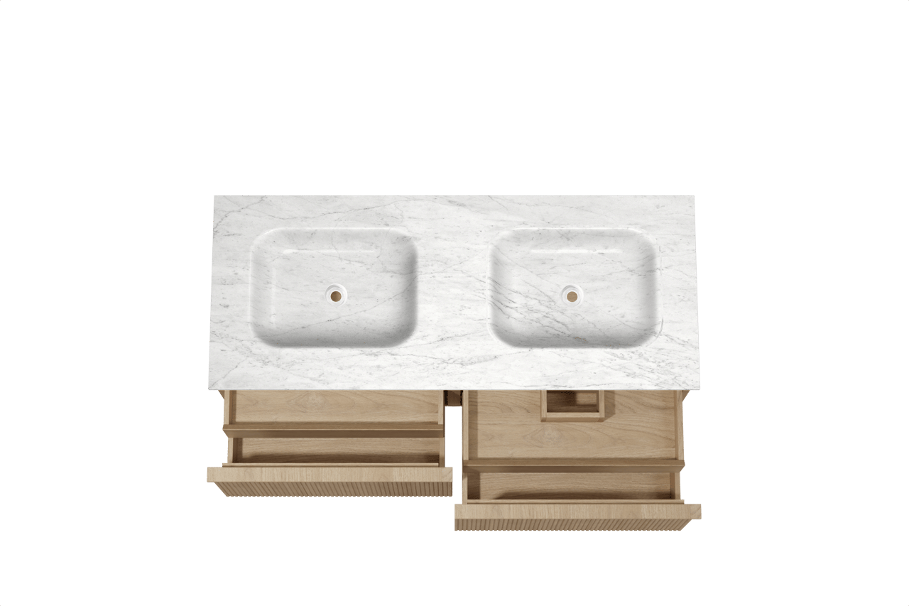 Balmani Forma zwevend badkamermeubel 135 x 55 cm natuur eik met Tablo Arcato dubbele wastafel in marmer carrara, Verticale symmetrische rechte ribbel