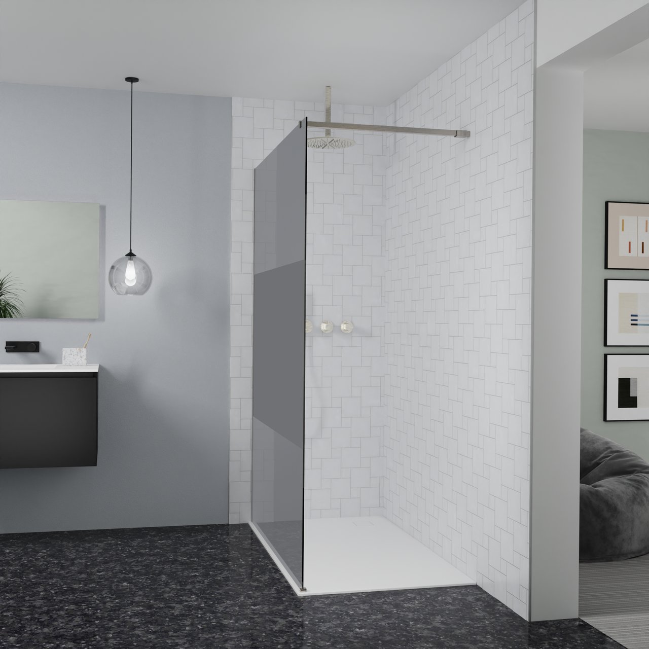 Balmani Modular Walk-In Dusche: 140 x 200 cm, Rauchglas mit mattiertem Streifen, inklusive Coating, Profil Brushed CoolMetal