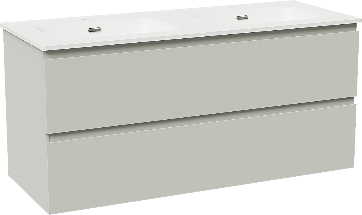 Linie Lado meuble salle de bains suspendu 120 x 46 cm greige avec Baro double vasque en porcelaine blanc mat