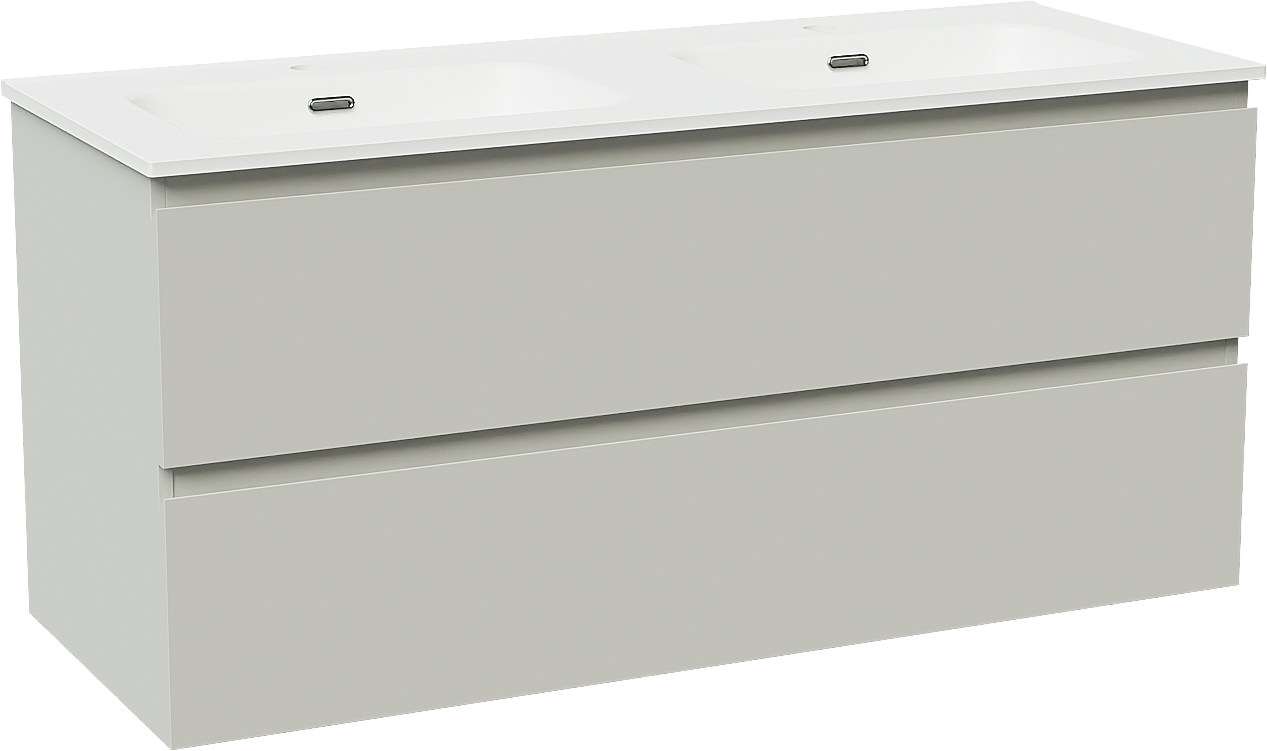 Linie Lado zwevend badkamermeubel 120 x 46 cm greige met Baro dubbele wastafel in porselein mat wit