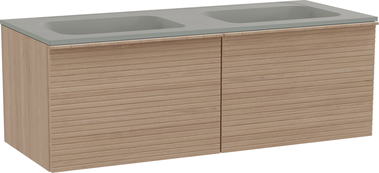 Balmani Forma zwevend badkamermeubel 135 x 55 cm natuur eik met Tablo Strada dubbele wastafel in composietmarmer zijdegrijs, Horizontale symmetrische rechte ribbel