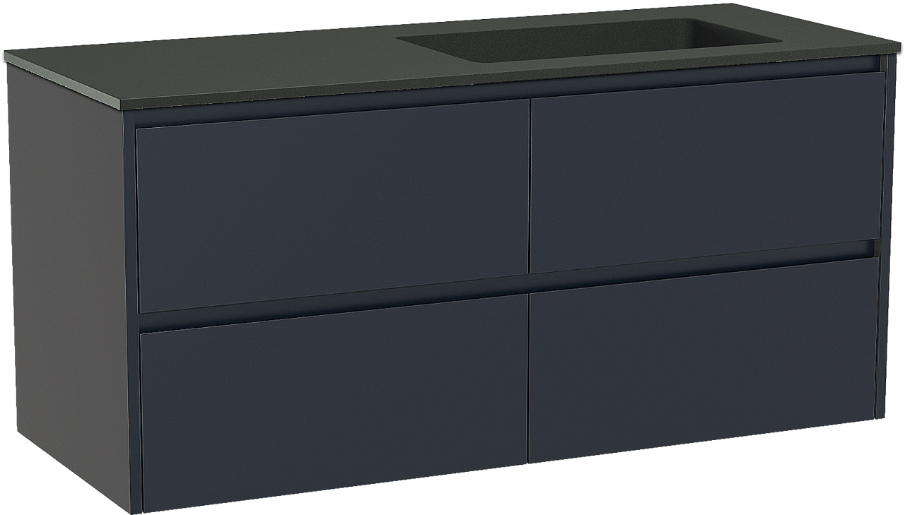 Storke Seda meuble salle de bains suspendu 130 x 52 cm bleu nuit avec Scuro vasque asymétrique droite en quartz noir mat