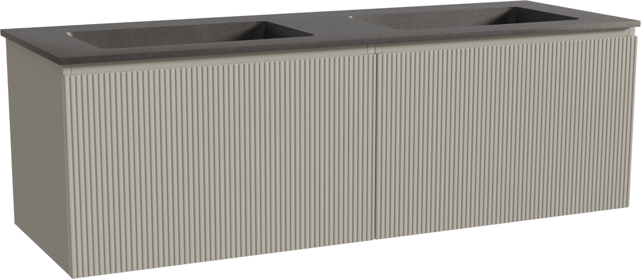 Storke Ribs meuble salle de bains suspendu 150 x 52 cm soie grise avec Scuro double vasque en quartz noir mat, Nervure droite symétrique verticale
