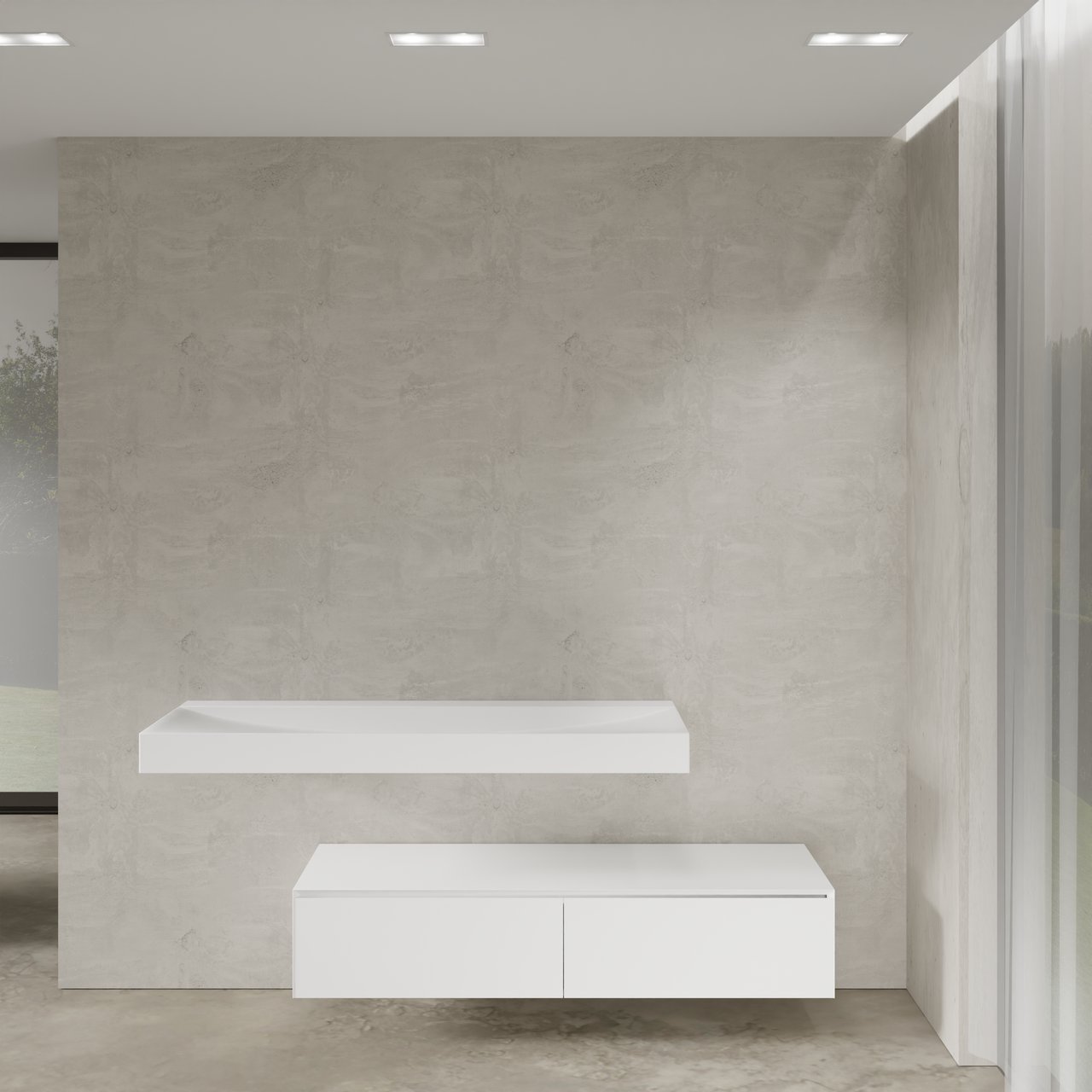 Balmani Mitra Elements zwevend badkamermeubel 150 x 55 cm mat wit met Wave enkele wastafel voor 2 kraangaten in solid surface mat wit