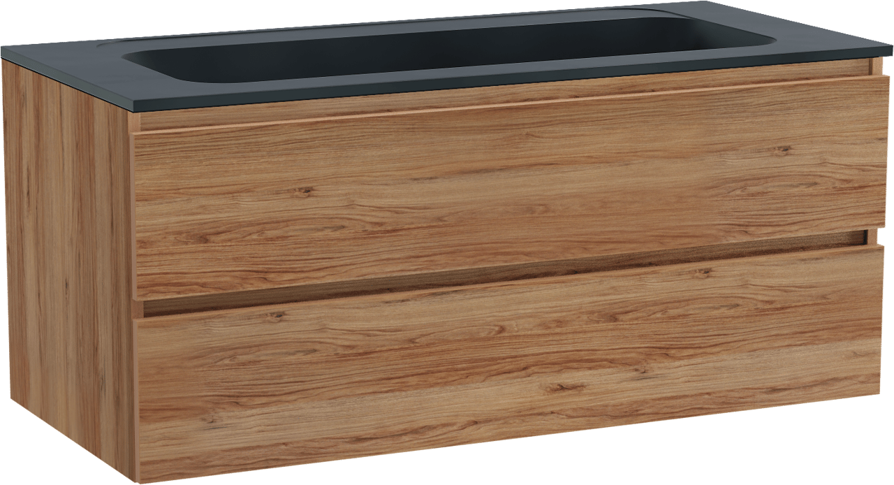 Balmani Lucida meuble salle de bains suspendu 120 x 55 cm teck avec Tablo Strada lavabo simple pour 2 trous de robinet en marbre composite noir mat