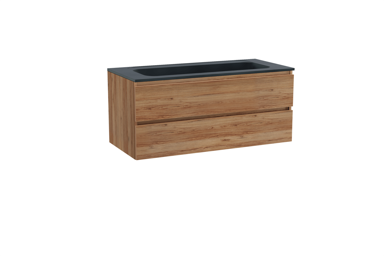 Balmani Lucida meuble salle de bains suspendu 120 x 55 cm teck avec Tablo Strada lavabo simple pour 2 trous de robinet en marbre composite noir mat