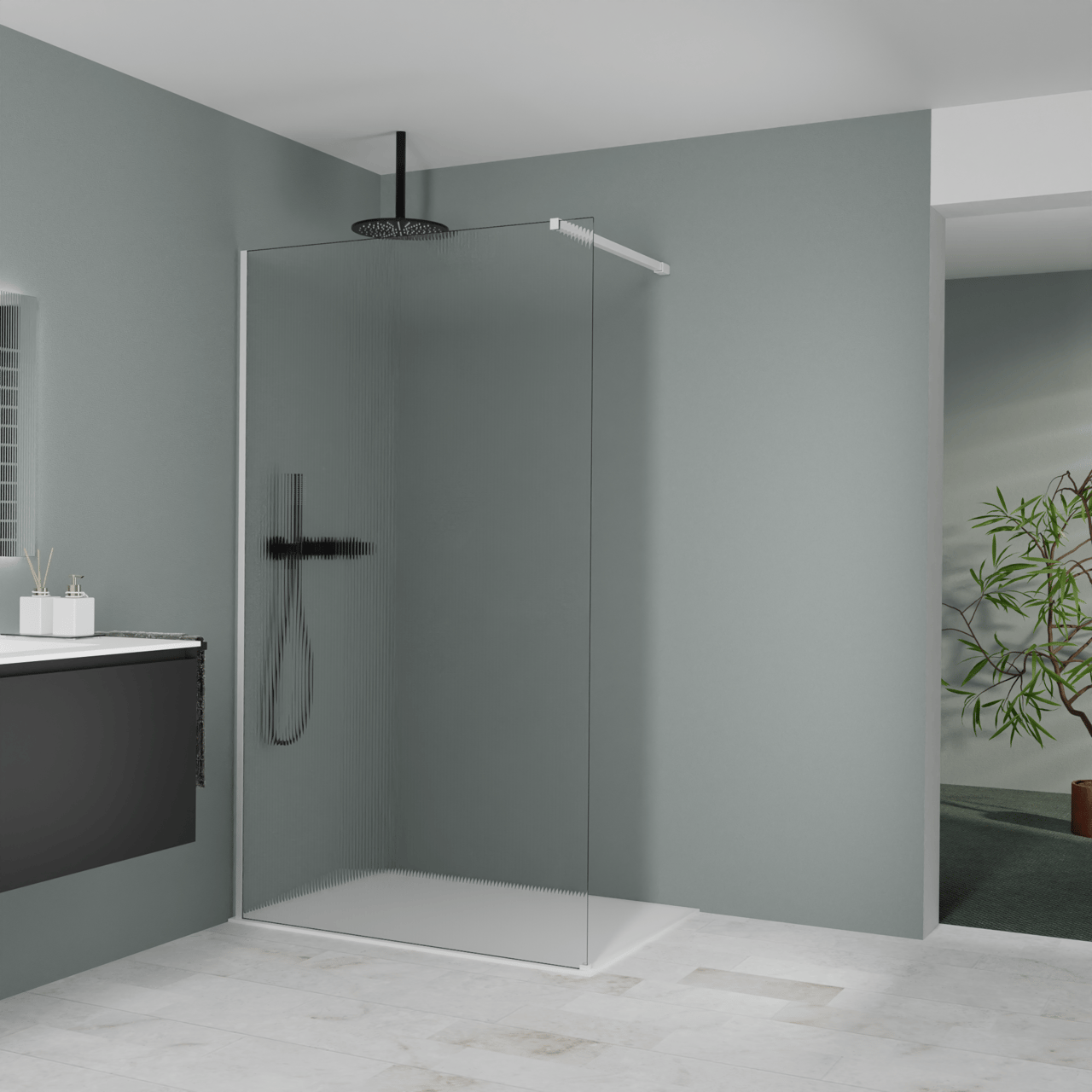 Balmani Modular inloopdouche: 120 x 200 cm, Ribs met coating, Mat witte profielen