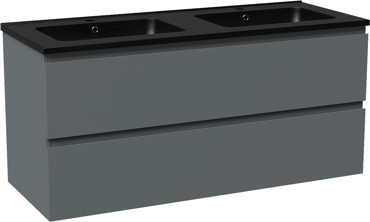 Linie Lado hängendes Möbelstück Set: 120 x 46 cm, Anthrazitblau, mit Vano Doppelwaschtisch, Marmorkomposit Schwarz matt