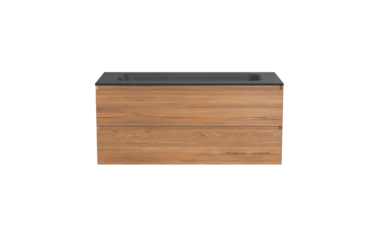 Balmani Mitra hängendes Möbelstück Set: 120 x 55 cm, Teak, mit Tablo Arcato Einzelwaschtisch für 2 Armaturenlöcher, Schwarzes Granit