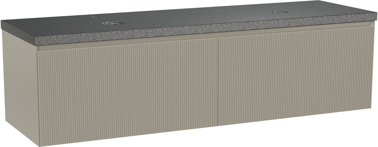 Balmani Fila zwevend badmeubel 180 x 55 cm steengrijs met Rock dubbel wastafelblad in zwart graniet, Verticale symmetrische rechte ribbel