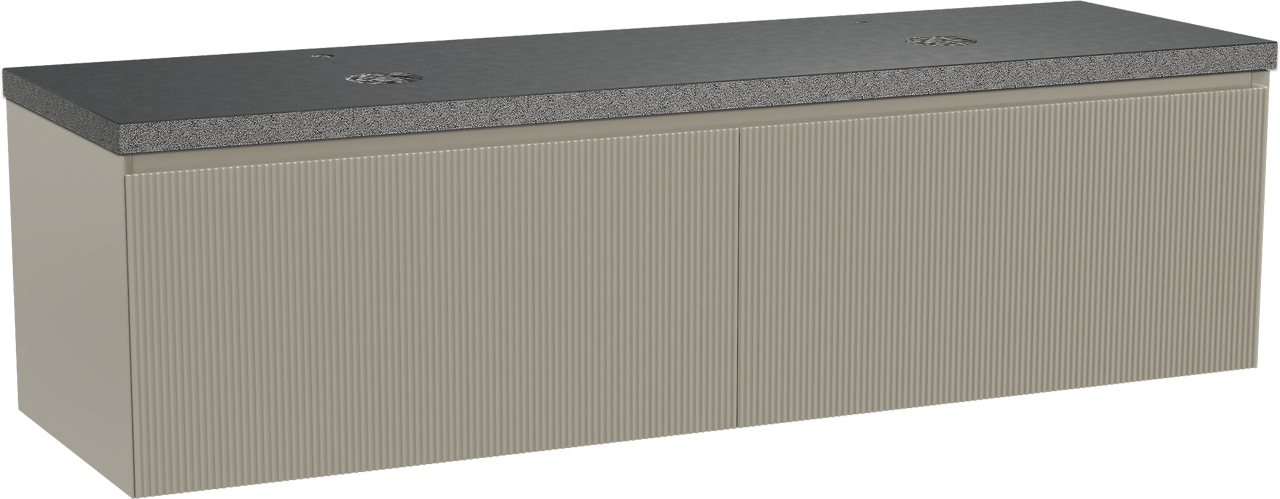 Balmani Fila zwevend badmeubel 180 x 55 cm steengrijs met Rock dubbel wastafelblad in zwart graniet, Verticale symmetrische rechte ribbel