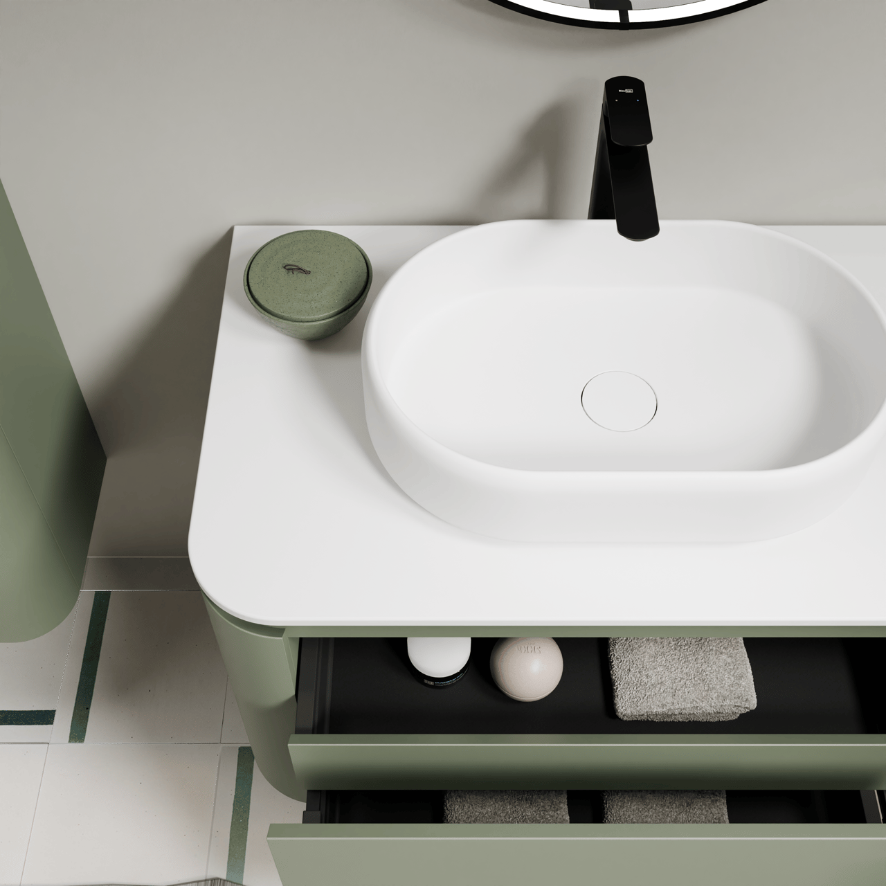 Balmani Moon meuble salle de bains suspendu 100 x 55 cm vert sauge avec Moon tablette simple en solid surface blanc mat