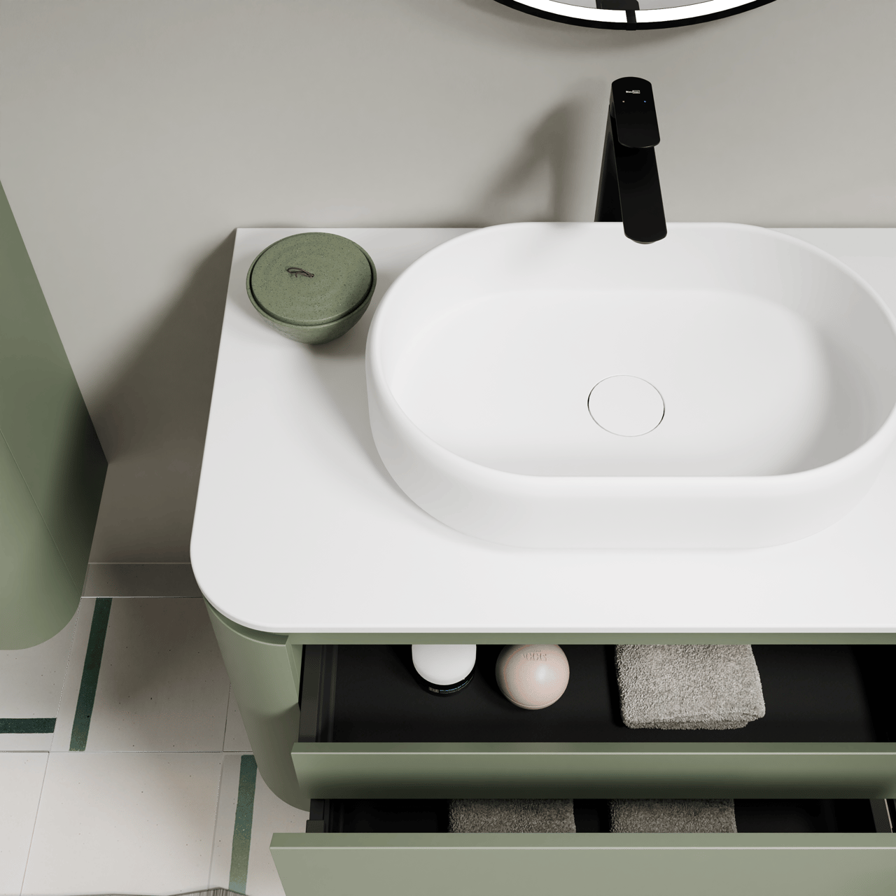 Balmani Moon meuble salle de bains suspendu 160 x 55 cm vert sauge avec Moon tablette simple ou double en solid surface blanc mat