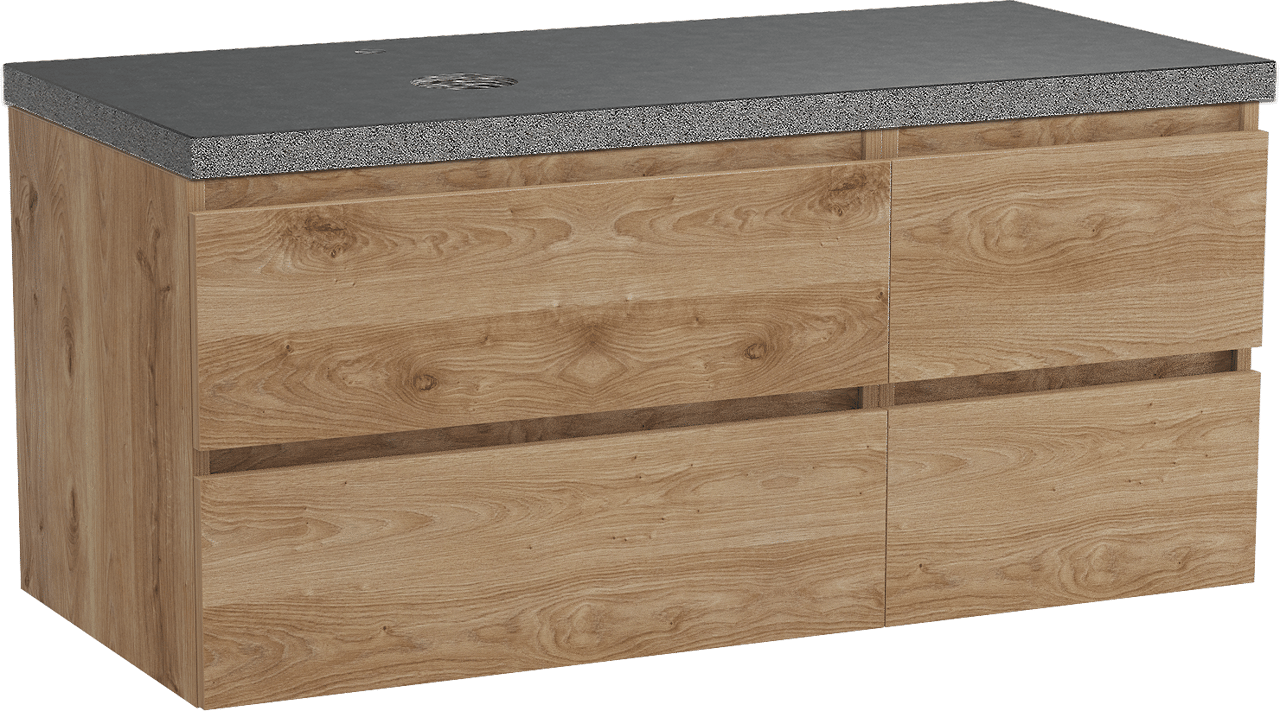 Balmani Lucida hängendes Möbelstück Set: 120 x 55 cm, Rohe Eiche, mit Rock Waschtisch links, Schwarzes Granit