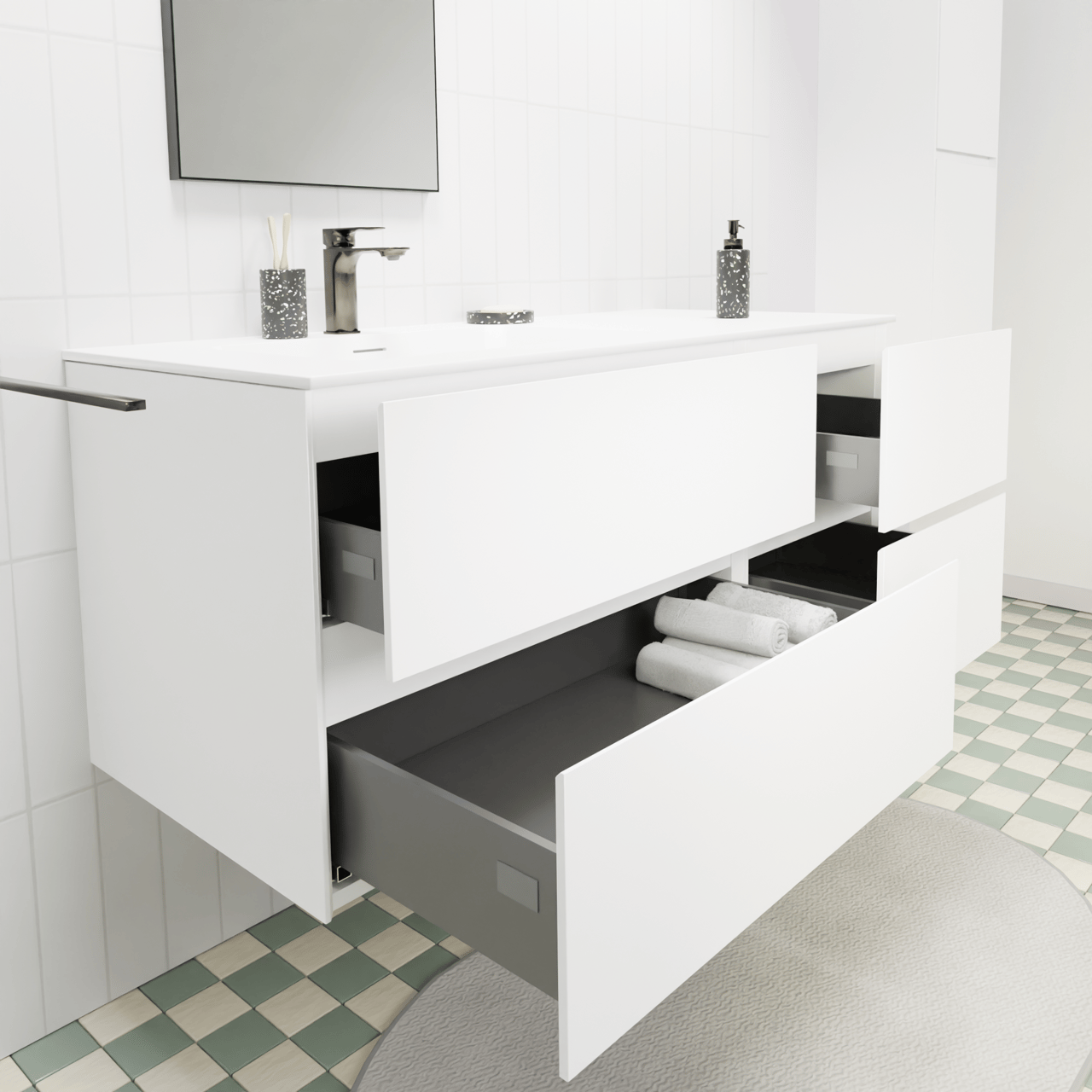 Storke Edge hängendes Möbelstück Set: 120 x 52 cm, Weiß matt, mit Mata Waschtisch links, Solid Surface Weiß matt