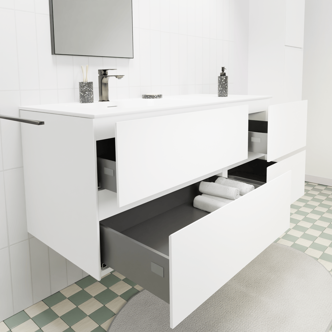 Storke Edge hängendes Möbelstück Set: 120 x 52 cm, Weiß matt, mit Mata Waschtisch links, Solid Surface Weiß matt