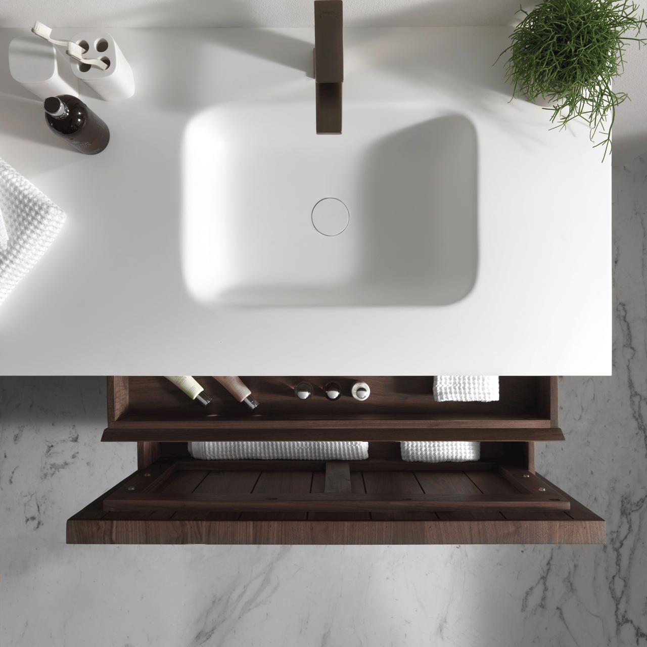 Balmani Tablo Arcato Waschtisch, rechts, Solid Surface matt, 135 x 55 cm, Ablaufventil nicht inklusive