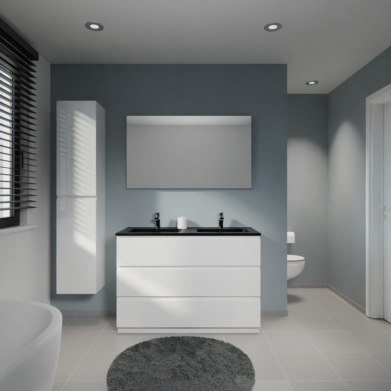 Linie Lado meuble salle de bains à poser 120 x 46 cm blanc mat avec Vano double vasque en marbre composite noir mat