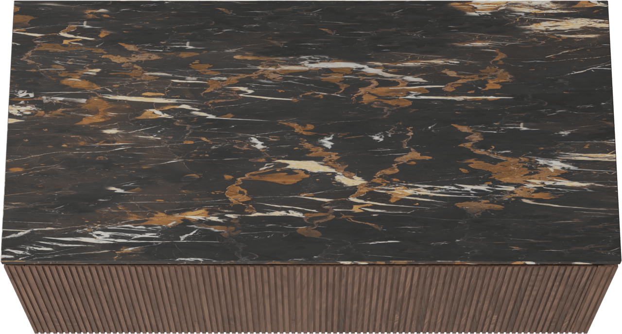 Balmani Eclips zwevend badkamermeubel 120 x 55 cm Amerikaanse notelaar met Stretto enkel tablet in Portoro Gold marmer, Verticale symmetrische rechte ribbel