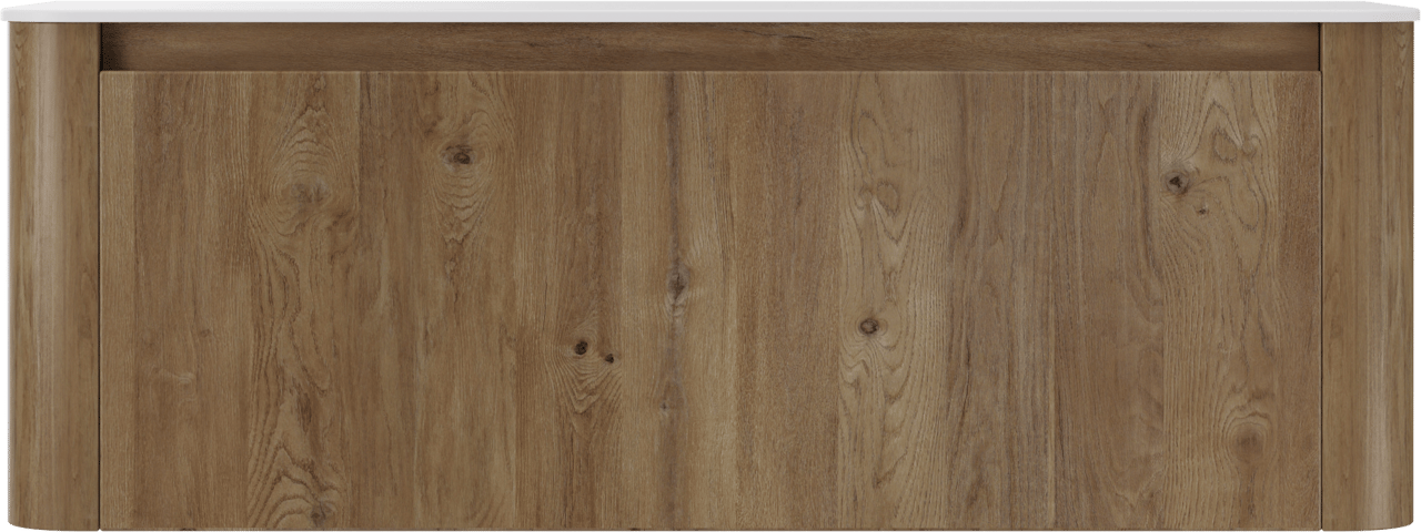 Storke Soft meuble salle de bains suspendu 140 x 46 cm chêne brut avec Tavola Soft tablette simple ou double vasque en Solid Surface blanc mat