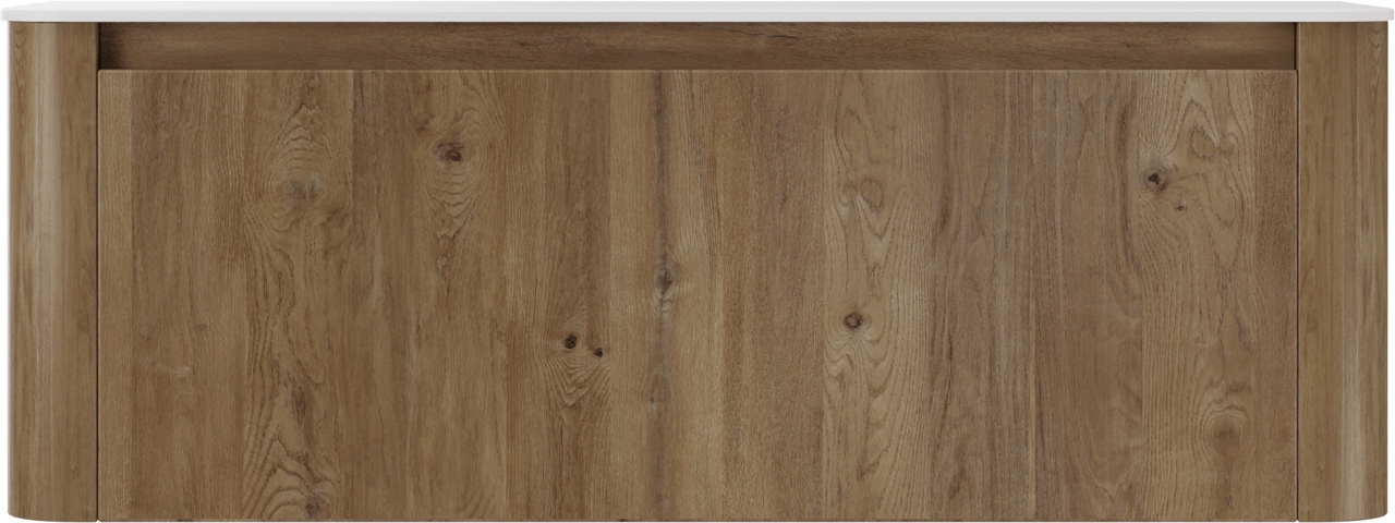 Storke Soft zwevend badkamermeubel 140 x 46 cm ruwe eik met Tavola Soft enkele of dubbele tablet in solid surface mat wit