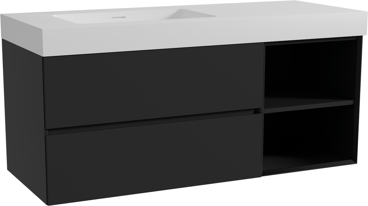 Storke Edge zwevend badkamermeubel 130 x 52 cm mat zwart met Mata High asymmetrisch linkse wastafel in solid surface mat wit