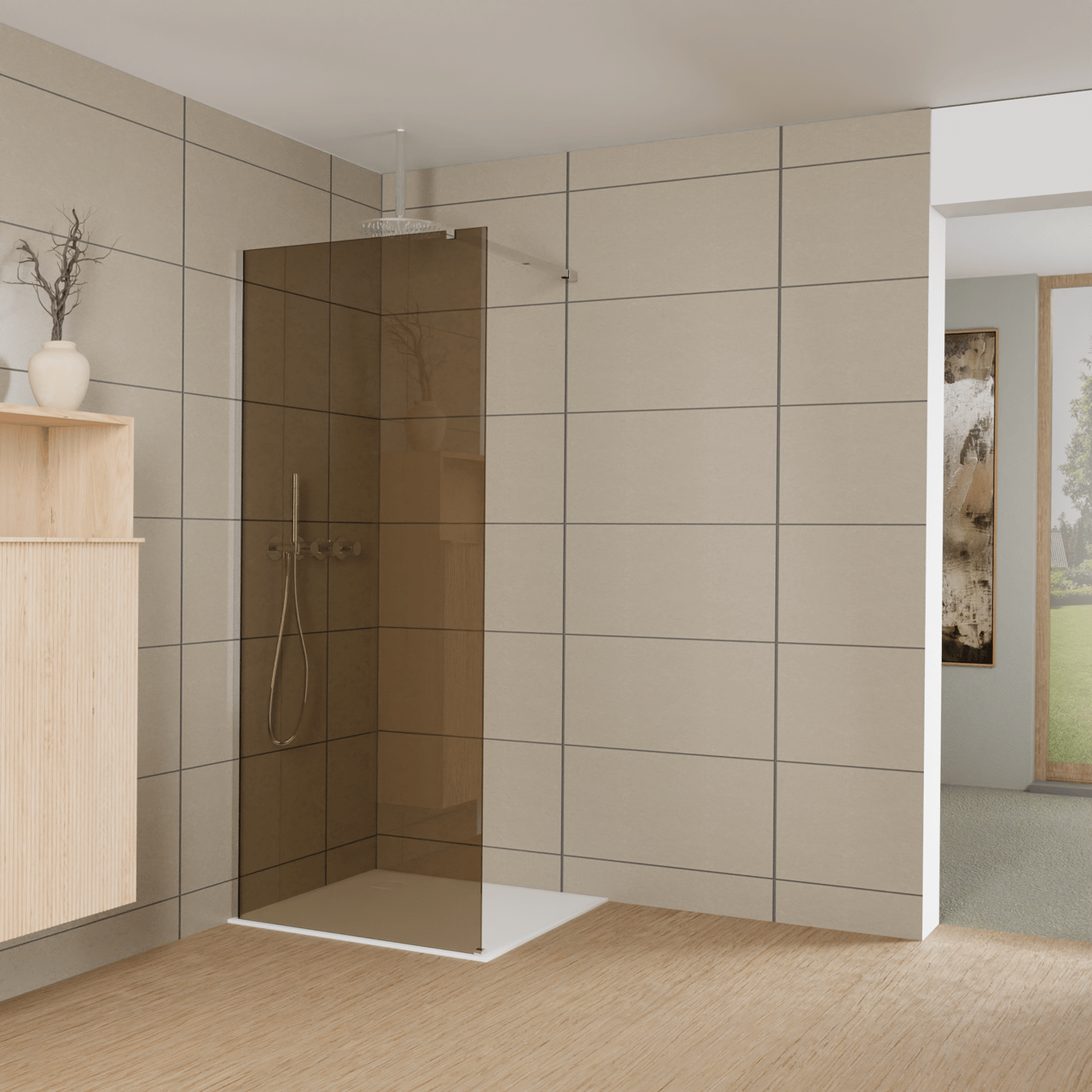Balmani Modular inloopdouche: 90 x 200 cm, Brons glas, Glanzend chroom profielen