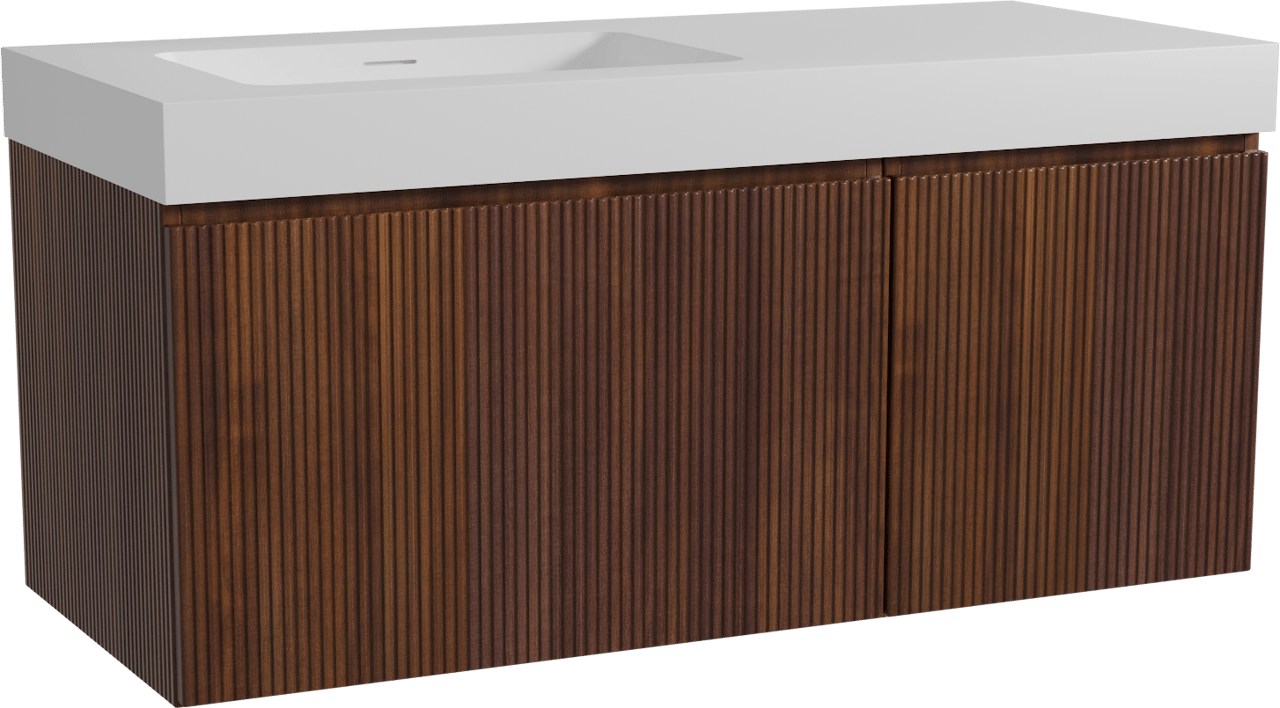 Storke Ribs zwevend badmeubel 120 x 52 cm notenhout met Mata High asymmetrisch linkse wastafel in solid surface mat wit, Verticale symmetrische rechte ribbel