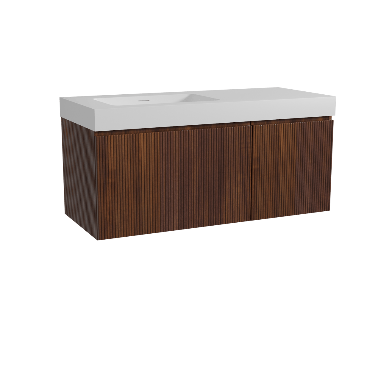 Storke Ribs zwevend badkamermeubel 120 x 52 cm notelaar met Mata High asymmetrisch linkse wastafel in solid surface mat wit, Verticale symmetrische rechte ribbel
