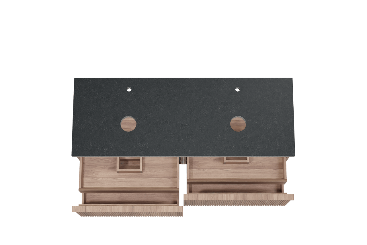 Balmani Forma hängendes Möbelstück Set: 150 x 55 cm, Teak, mit Rock Doppel Waschtischplatte, Granit, Schwarzes Granit, Vertikale symmetrische gerade Rippe