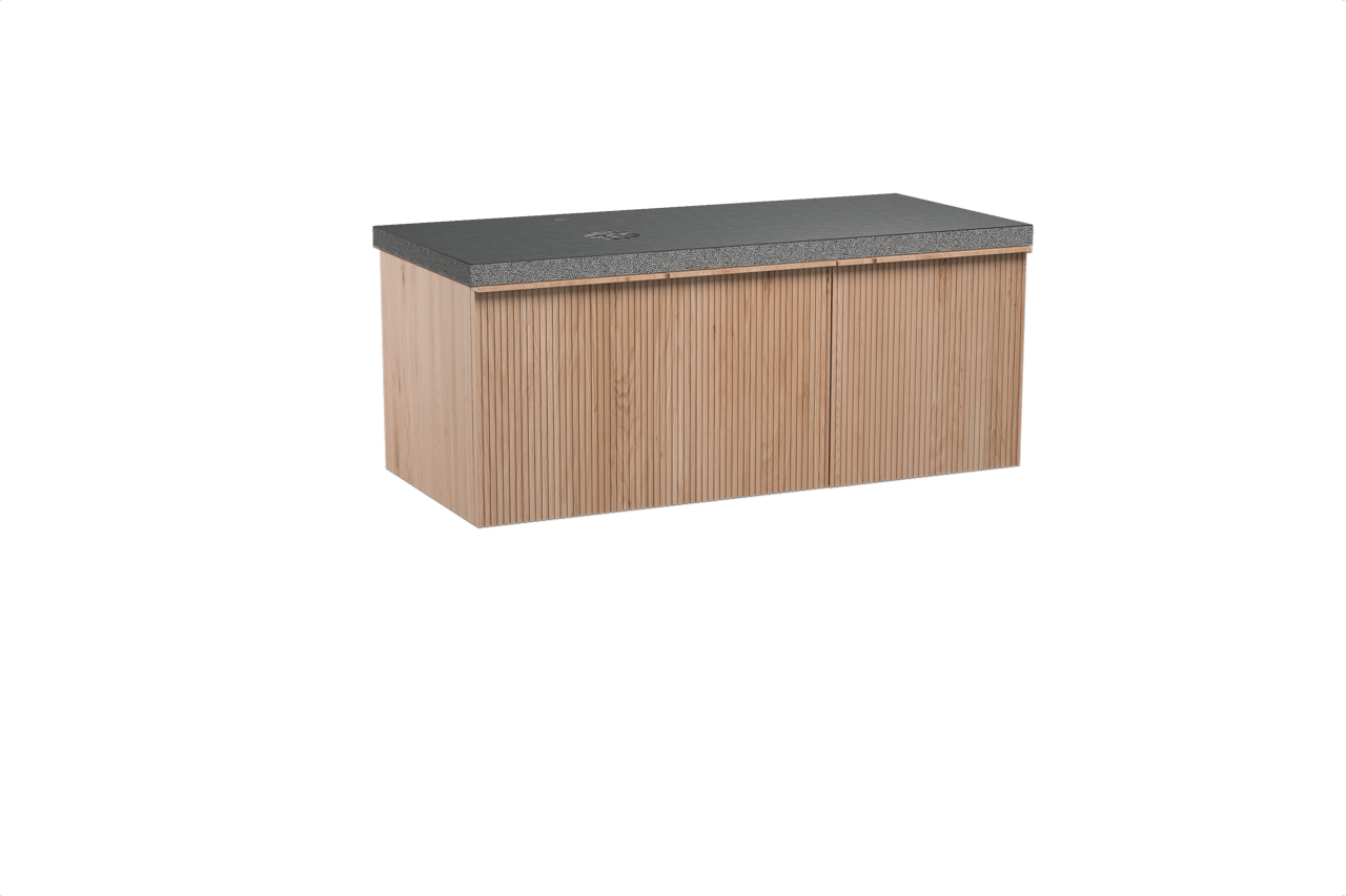 Balmani Forma hängendes Möbelstück Set: 120 x 55 cm, Naturbelassene Eiche, mit Rock Waschtisch links, Granit, Schwarzes Granit, Vertikale symmetrische gerade Rippe