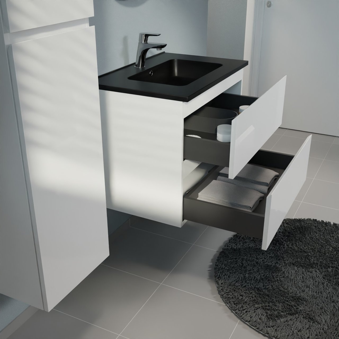 Linie Lado meuble salle de bains suspendu 70 x 46 cm blanc brillant avec Vano plan simple en marbre composite noir mat