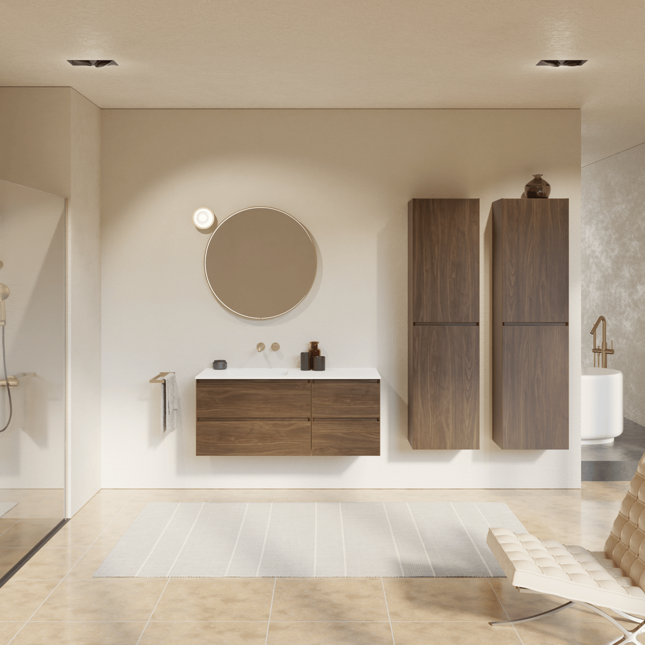 Balmani Mitra hängendes Möbelstück Set: 120 x 55 cm, Amerikanischer Nussbaum, mit Tablo Stretto Waschtisch links, Solid Surface Weiß matt