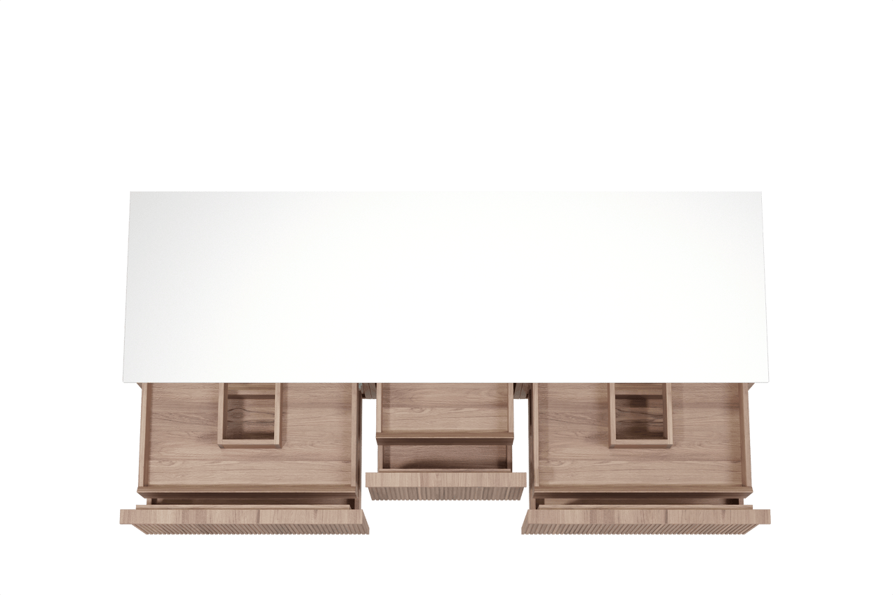Balmani Forma zwevend badmeubel 180 x 55 cm teakhout met Stretto enkel of dubbel wastafelblad in solid surface mat wit, Verticale symmetrische rechte ribbel