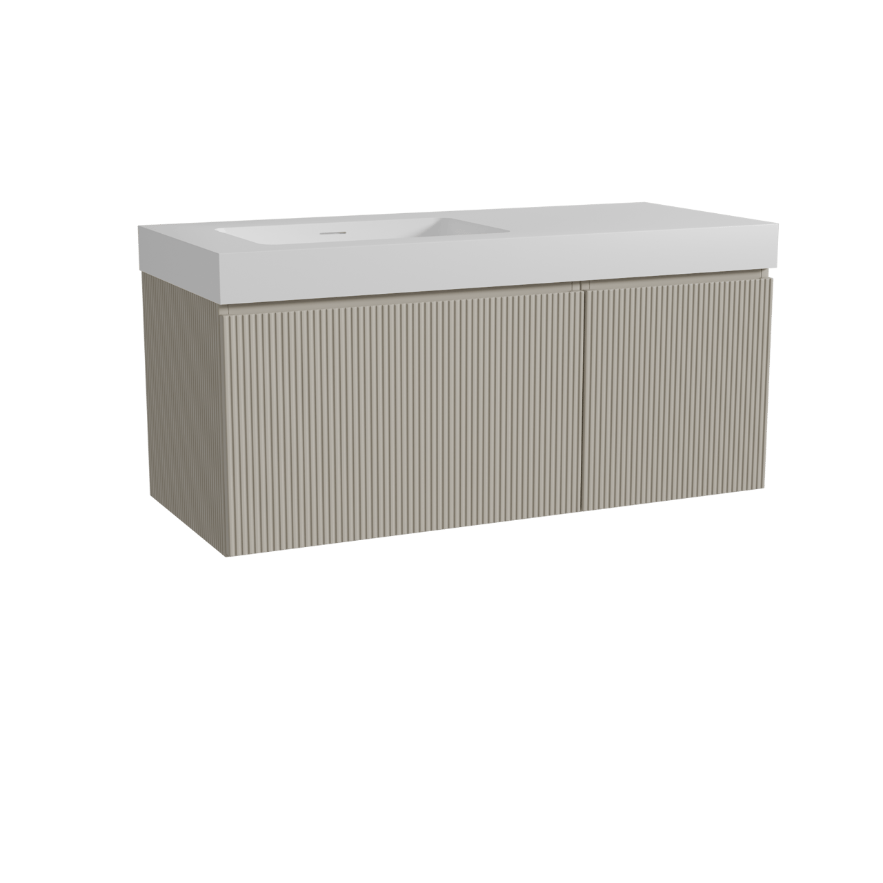 Storke Ribs zwevend badkamermeubel 120 x 52 cm zijdegrijs met Mata High asymmetrisch linkse wastafel in solid surface mat wit, Verticale symmetrische rechte ribbel