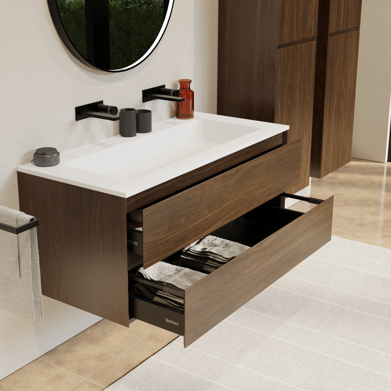 Balmani Mitra hängendes Möbelstück Set: 120 x 55 cm, Amerikanischer Nussbaum, mit Tablo Strada Einzelwaschtisch, Marmorkomposit Weiß matt