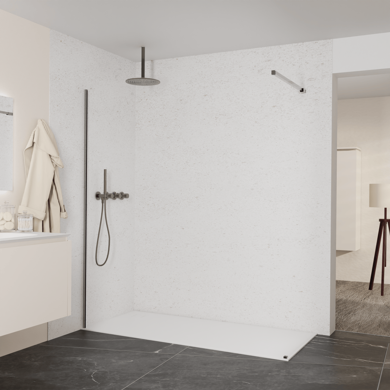 Balmani Modular douche à l'italienne: 180 x 200 cm, Verre transparent, avec coating, Profil Brushed GunMetal
