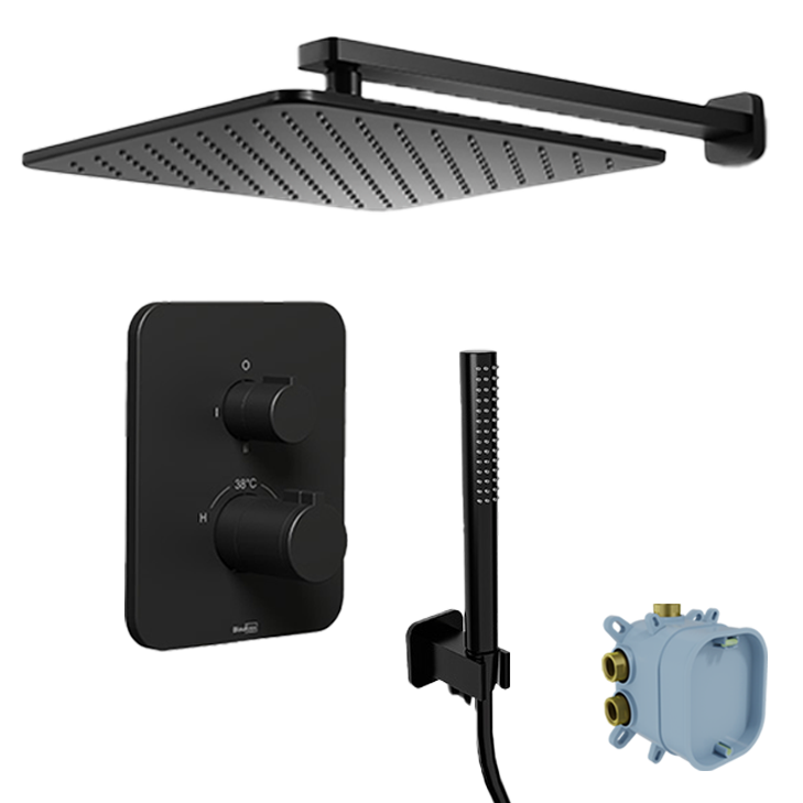 Blaufoss Smartbox Softline Duschsystem: Unterputz, Quadratischer Duschkopf, 30 cm, Schwarz Matt