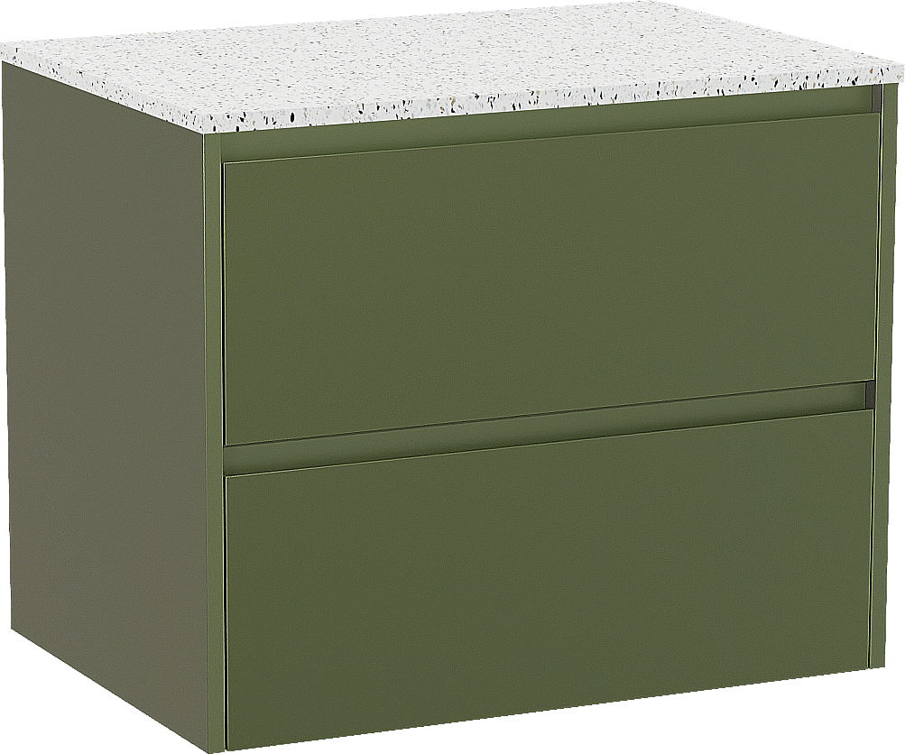 Storke Seda meuble salle de bains suspendu 75 x 52 cm vert olive avec Tavola tablette simple en blanc/noir mat terrazzo