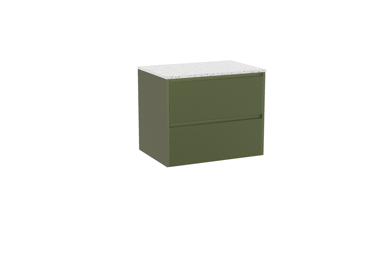 Storke Seda zwevend badkamermeubel 75 x 52 cm olijfgroen met Tavola enkel tablet in mat wit/zwart terrazzo