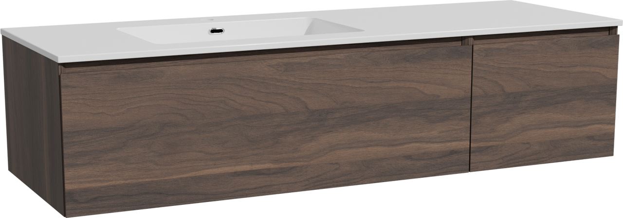 Storke Edge zwevend badkamermeubel 150 x 52 cm notelaar met Diva asymmetrisch linkse wastafel in composietmarmer glanzend wit