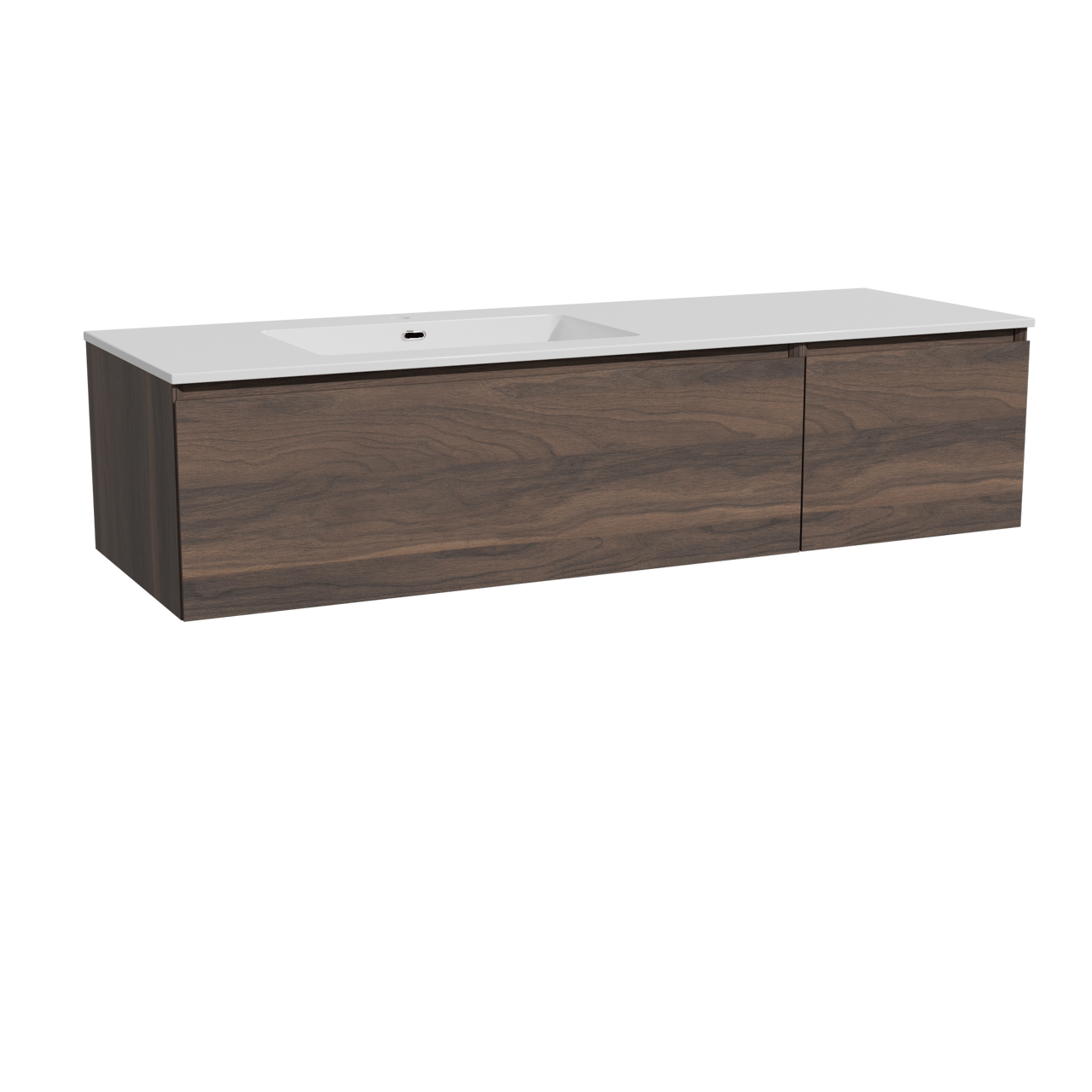 Storke Edge zwevend badkamermeubel 150 x 52 cm notelaar met Diva asymmetrisch linkse wastafel in composietmarmer glanzend wit