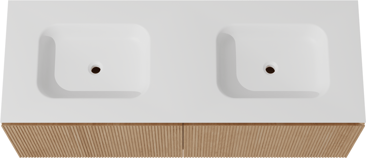 Balmani Eclips hängendes Möbelstück Set: 150 x 55 cm, Eiche Natur, mit Eclips Doppelwaschtisch Solid Surface Weiβ matt, Vertikale symmetrische gerade Rippe