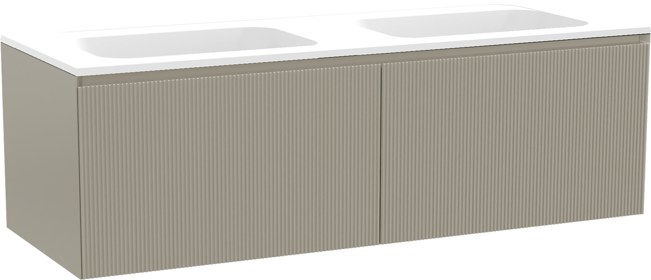 Balmani Fila zwevend badmeubel 150 x 55 cm steengrijs met Tablo Strada dubbele wastafel in composietmarmer mat wit, Verticale symmetrische rechte ribbel