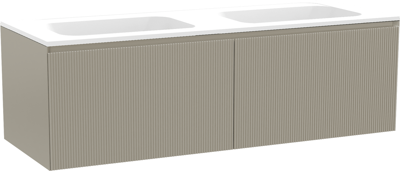 Balmani Fila zwevend badmeubel 150 x 55 cm steengrijs met Tablo Strada dubbele wastafel in composietmarmer mat wit, Verticale symmetrische rechte ribbel