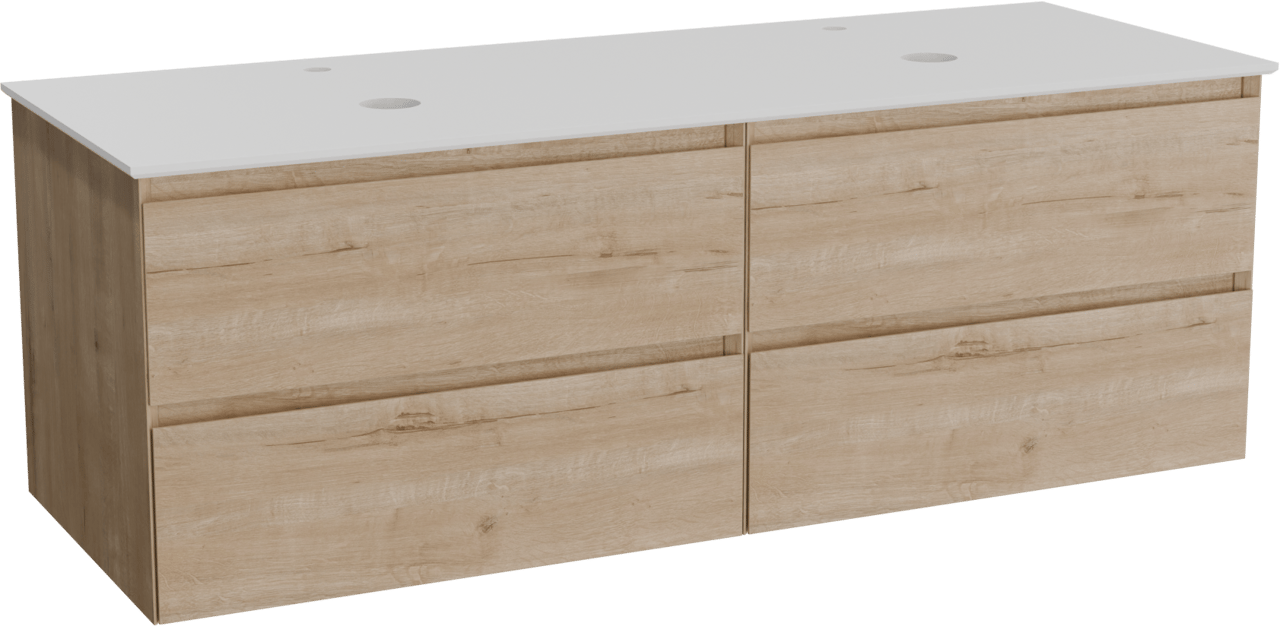 Balmani Mitra hängendes Möbelstück Set: 150 x 55 cm, Rohe Eiche, mit Facetta Doppel Waschtischplatte, Solid Surface Weiß matt