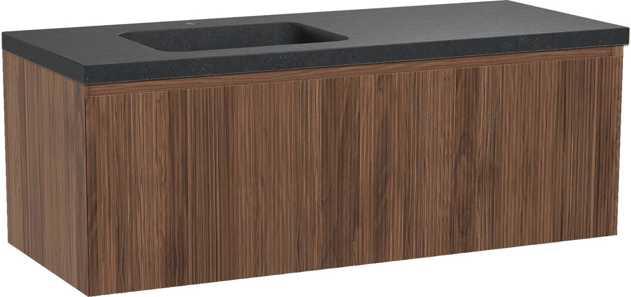 Balmani Fila meuble salle de bains suspendu 135 x 55 cm noyer avec Napoli vasque asymétrique gauche en granit noir, Nervure droite symétrique verticale