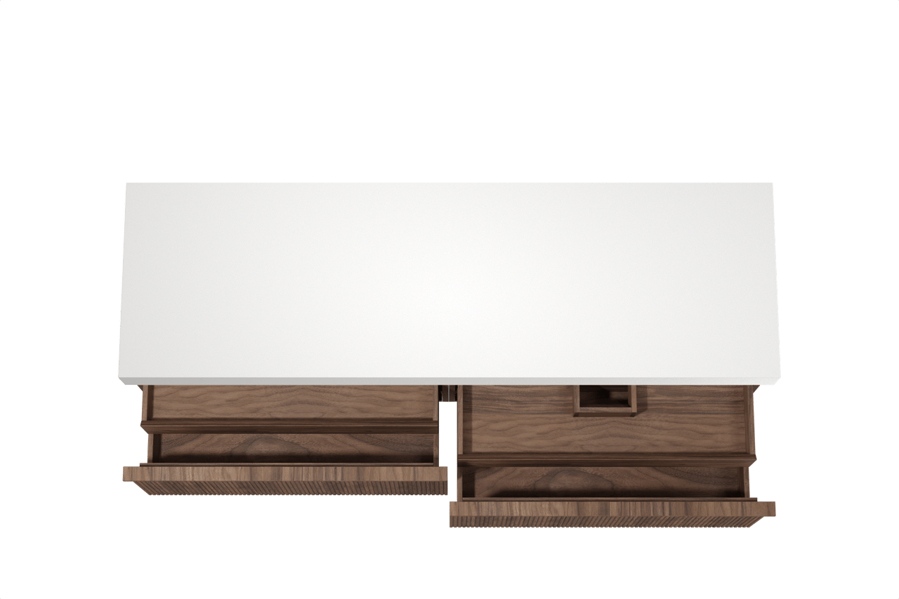 Balmani Forma hängendes Möbelstück Set: 180 x 55 cm, Amerikanischer Nussbaum, mit Dominus Einzel- oder Doppel Waschtischplatte, Solid Surface, Weiß matt, Vertikale symmetrische gerade Rippe