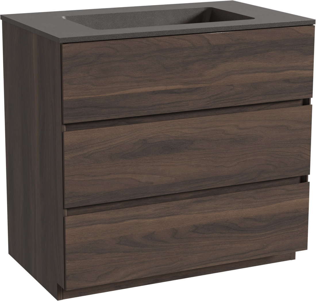 Storke Edge freistehendes Möbelstück Set: 85 x 52 cm, Nussbaum, mit Scuro Einzelwaschtisch, Quarz Schwarz matt