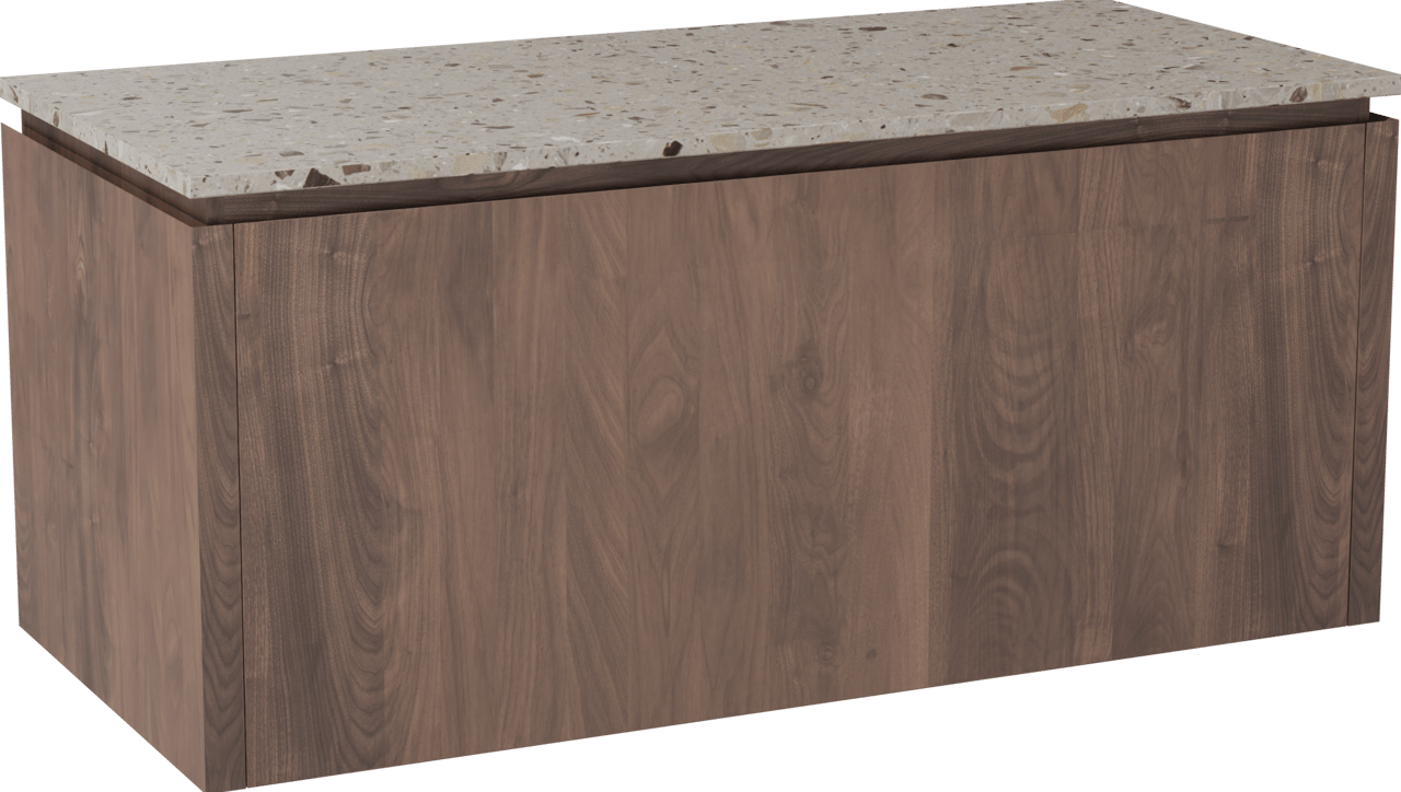 Balmani Eclips hängendes Möbelstück Set: 120 x 55 cm, Amerikanischer Nussbaum, mit Stretto Einzel- oder Doppel Waschtischplatte Greige Terrazzo